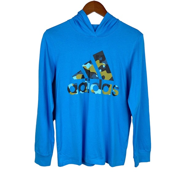 adidas Other - Adidas Long Sleeve T-shirt Shirt Hooded Blue Camo Badge Of Sport Boys L 14/16